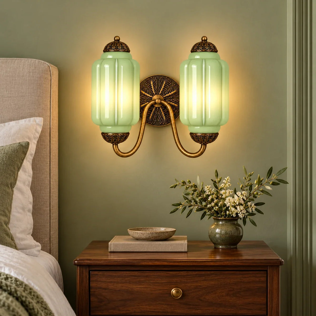 Vintage double scalloped wall light bedroom green