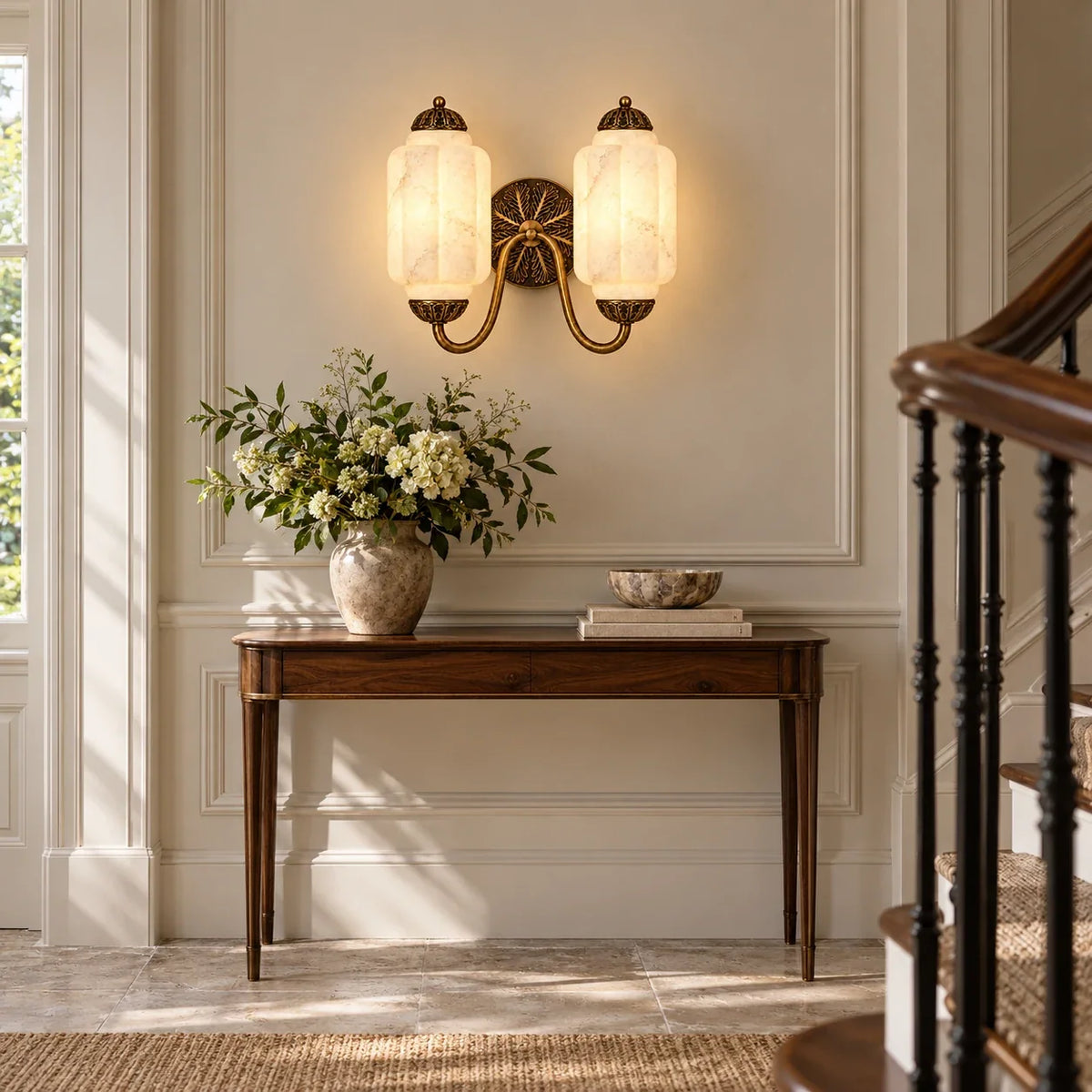 Vintage double scalloped wall light landing alabaster