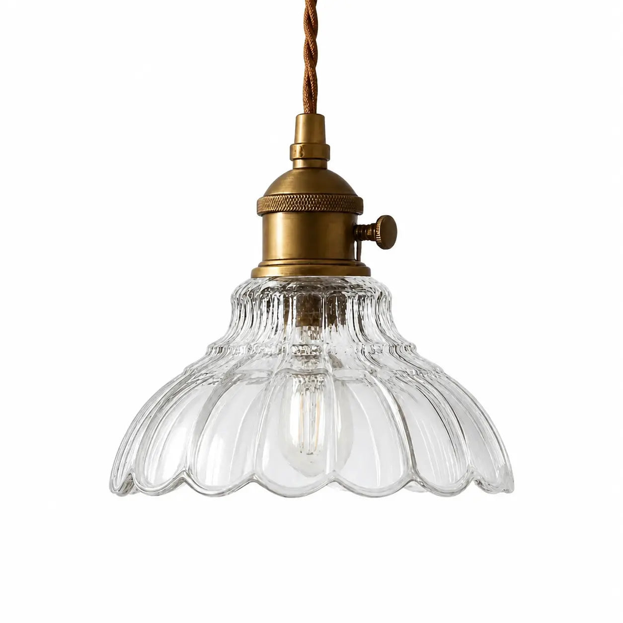 Clear flower glass pendant light on a pure white background