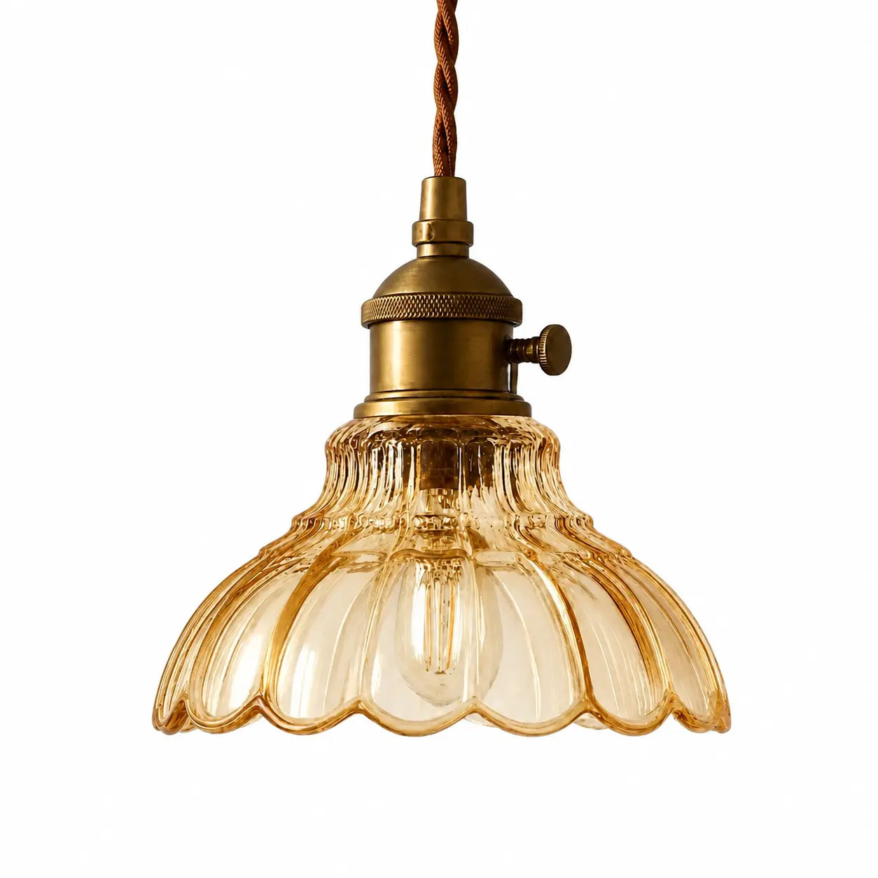 Amber flower glass pendant light on a pure white background