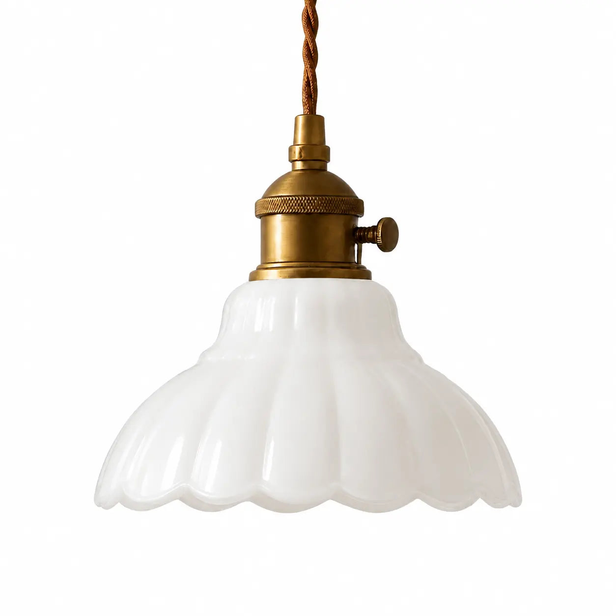 White opaline flower glass pendant light on a pure white background